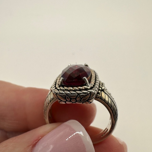 Gorgeous synthetic ruby or garnet sterling & 14k ring - Picture 7 of 8
